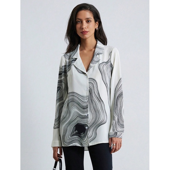 Marble Print Button Down Collared Long Sleeve Dress Shirt Top - Picture 6 of 9